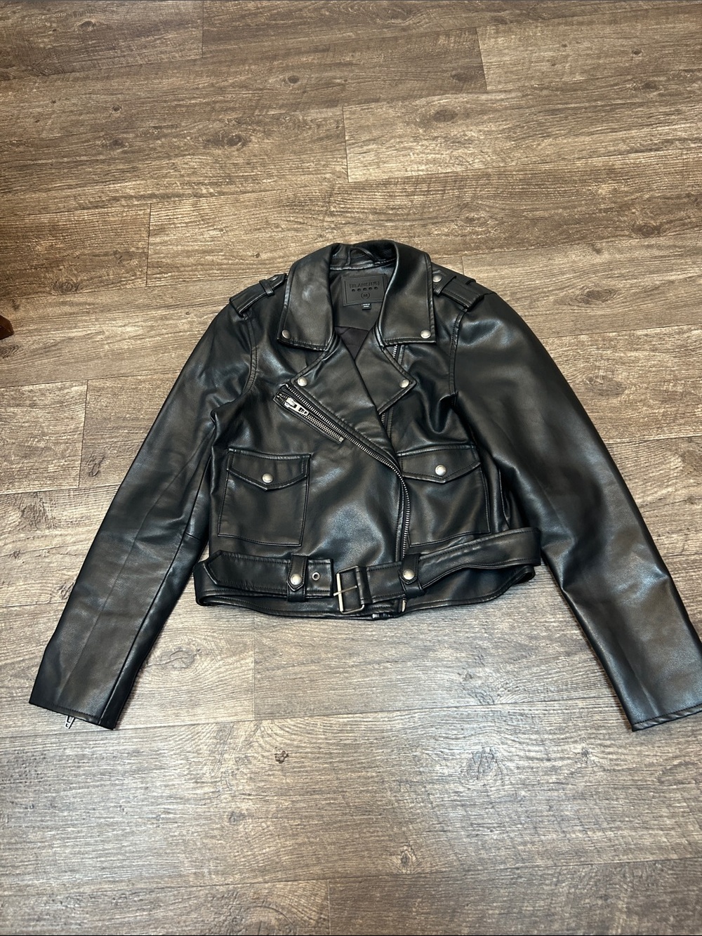 Blank NYC Black Leather Moto Jacket with Belted Hem